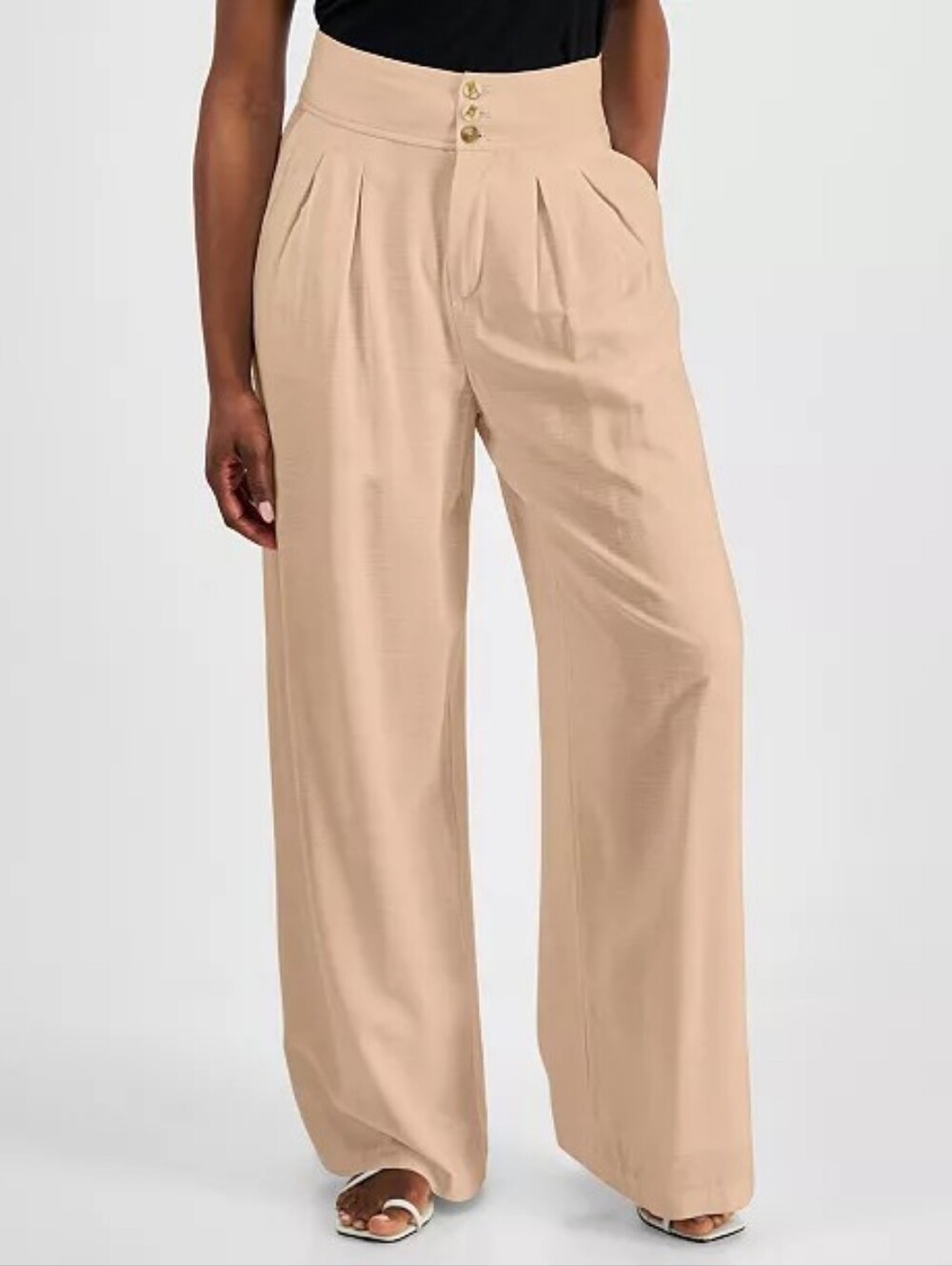 Bar III Petite Wide Leg Pleated Pants Beige Size 6P High Rise Stretch Waist